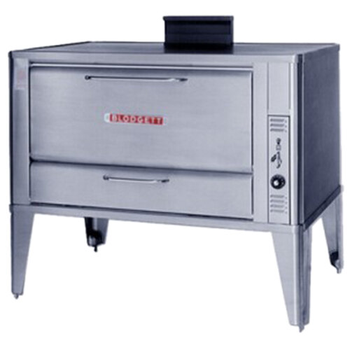 A stainless steel Blodgett 966 single deck oven on a counter with the door open.