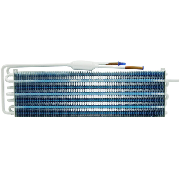 A close-up of a Turbo Air evaporator coil heating element with a blue handle and metal wires.