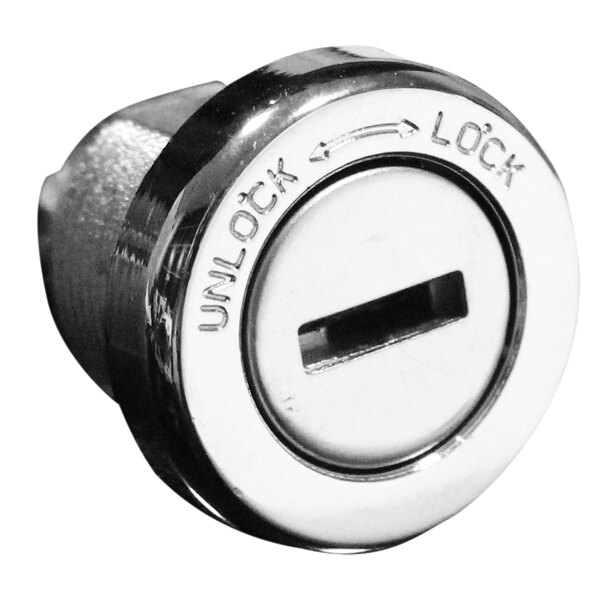 A chrome lock for a Turbo Air refrigerator door with a close-up of a keyhole.