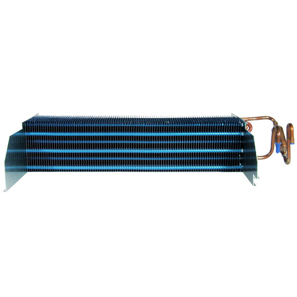 A close-up of a Turbo Air evaporator coil with blue and black stripes.