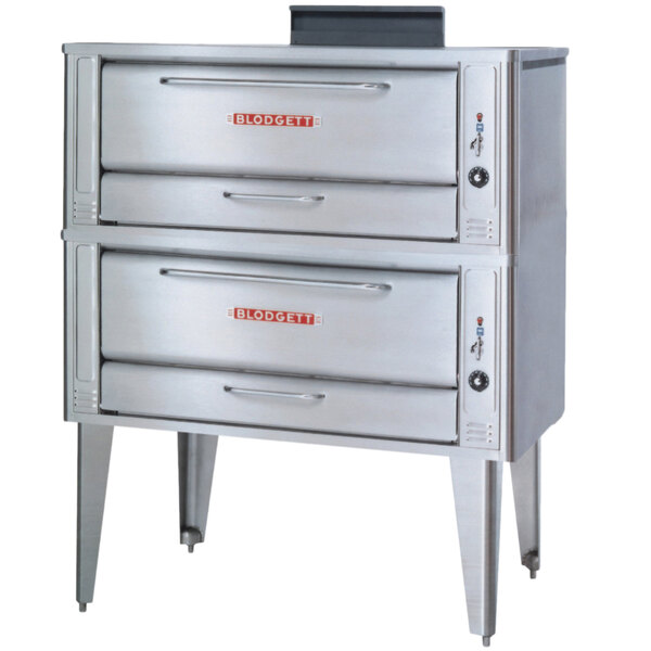 A stainless steel Blodgett double pizza deck oven on a counter.