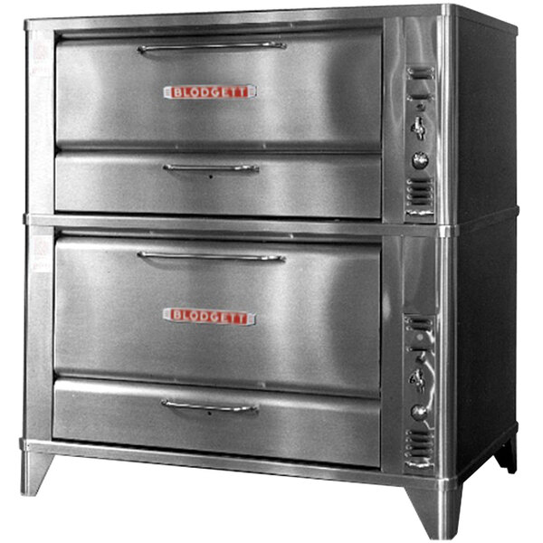 A large stainless steel Blodgett double deck oven with vent kit.