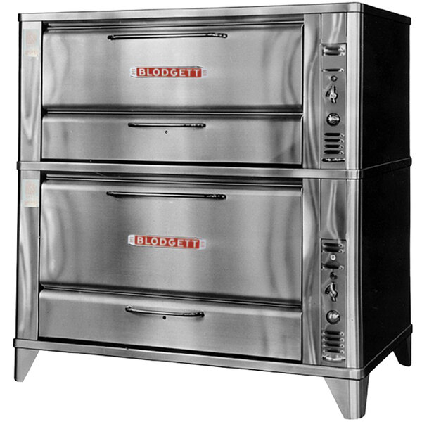 A Blodgett stainless steel double deck oven with vent kit.