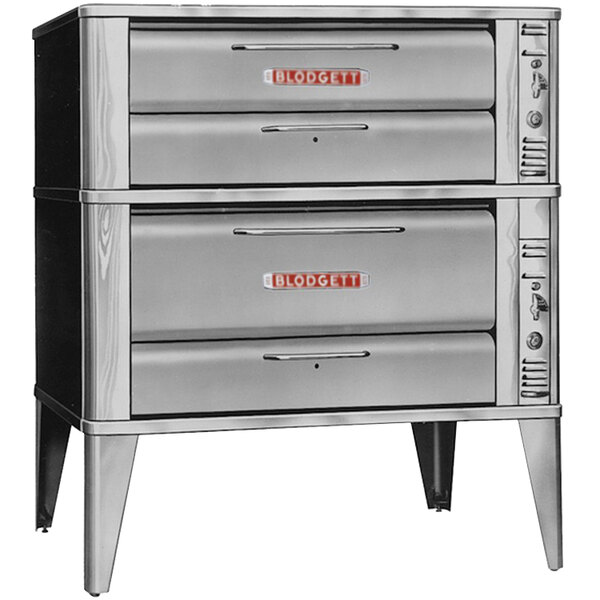 A silver Blodgett natural gas double deck oven on a counter.