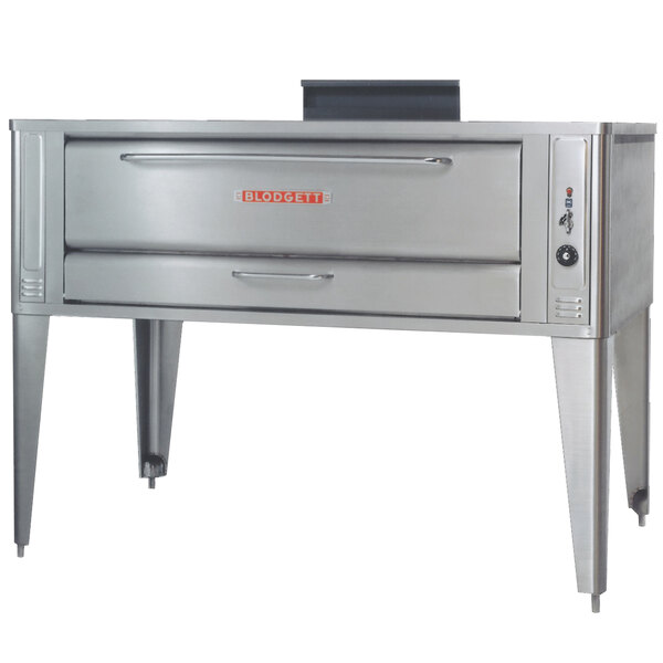 A stainless steel Blodgett pizza deck oven with a red label.