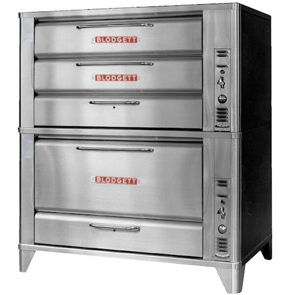 A stainless steel Blodgett double deck oven with red labels.