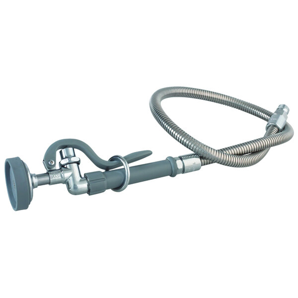 A T&S stainless steel pre-rinse hose with a metal nozzle attached.
