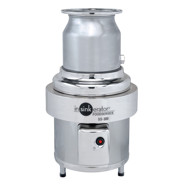 A stainless steel InSinkErator commercial garbage disposer with a lid.