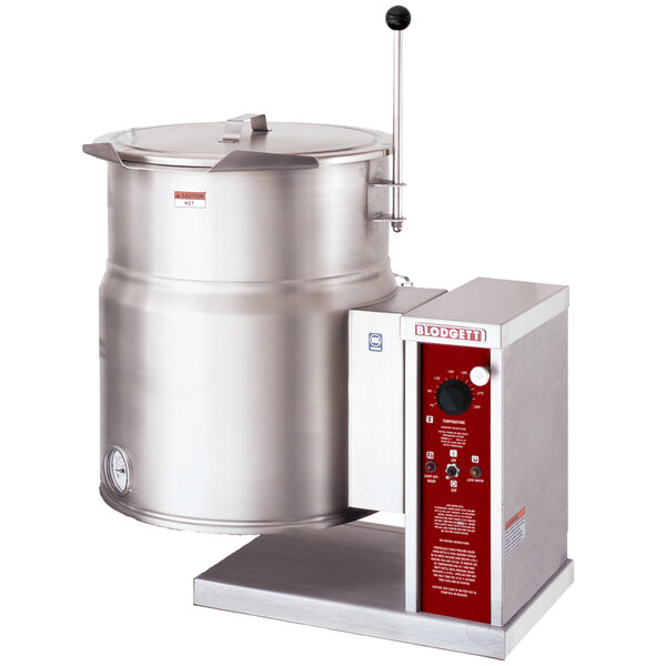 A Blodgett stainless steel countertop tilting steam kettle with a handle and lid.