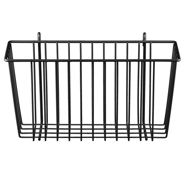 A black wire basket with a handle on a white background.