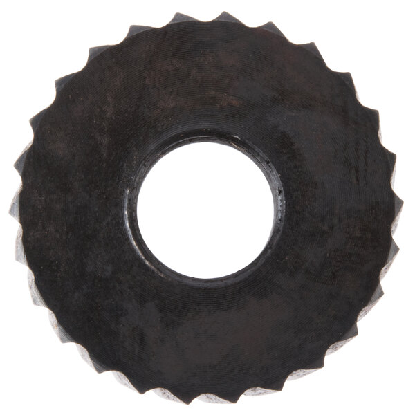 A black circular gear with a hole in the middle.