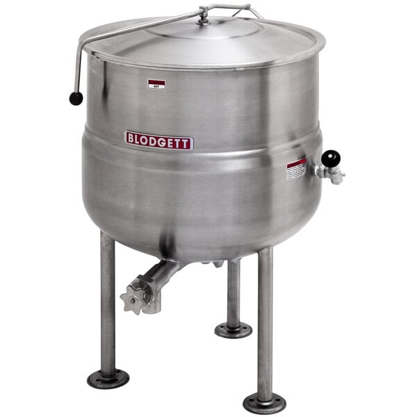 A Blodgett stationary stainless steel steam kettle with a lid.