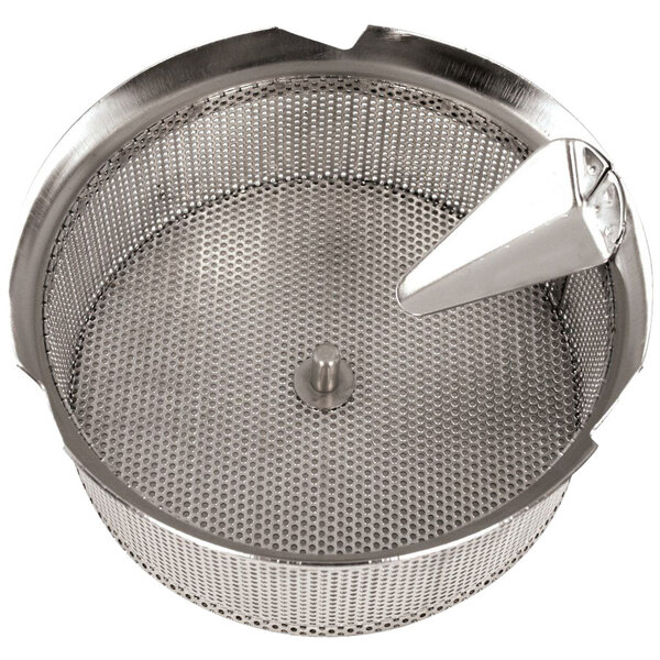 A Tellier stainless steel basket sieve with a handle.