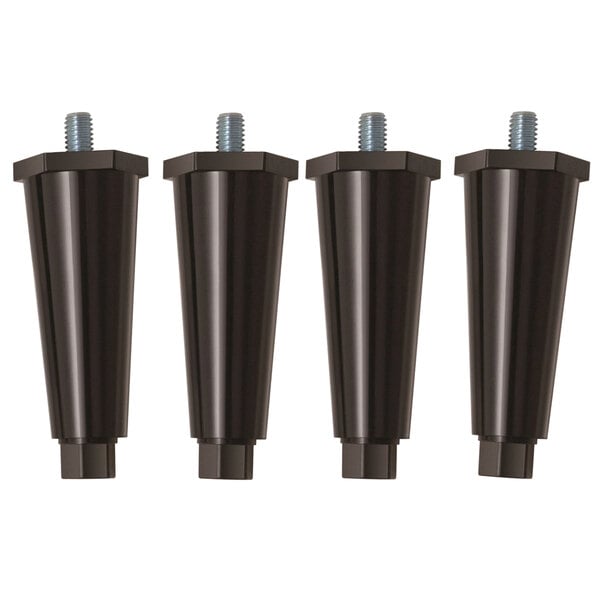 Three black plastic Hatco adjustable legs with screws on them.