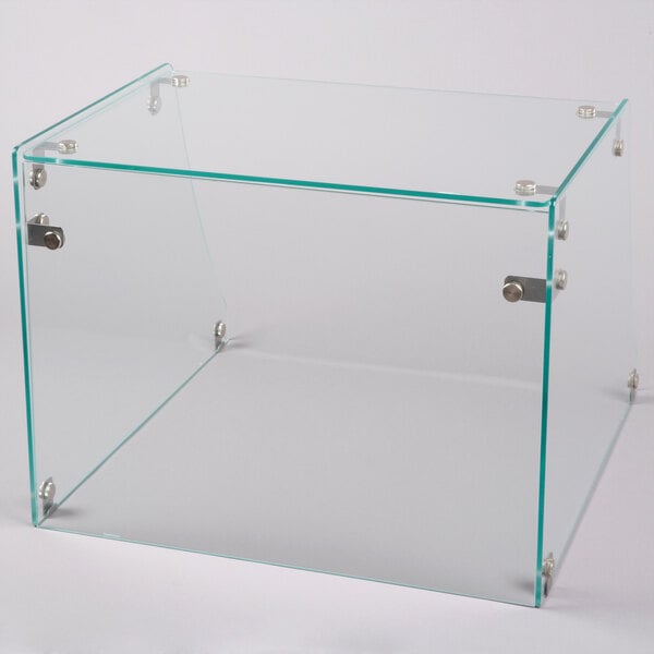 A clear glass box with metal screws.