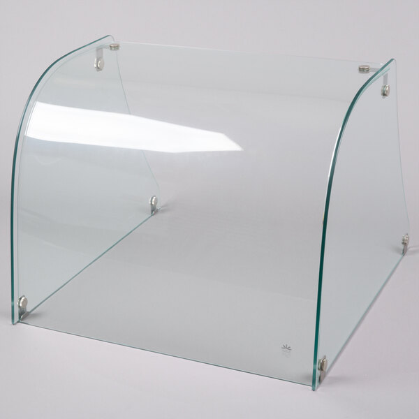 A clear glass box with a curved top and metal bolts.