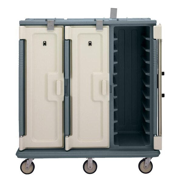 A slate blue Cambro meal delivery cart with a white door and shelves.