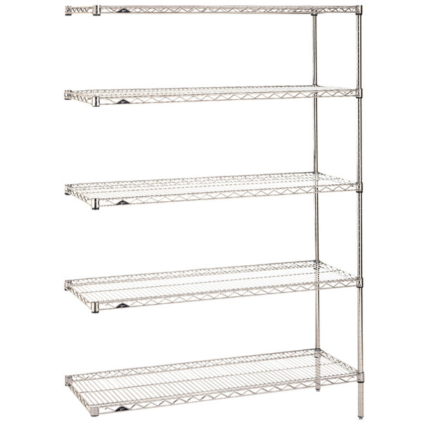 A Metro chrome wire stationary add-on shelving unit with four shelves.