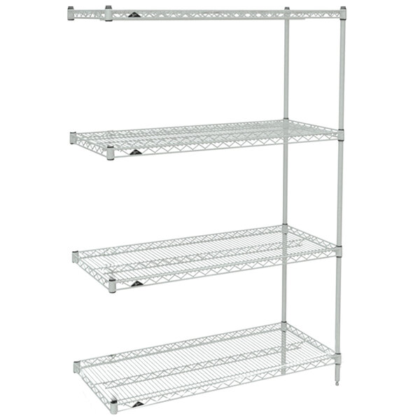 A Metro Super Erecta Brite wire stationary add-on shelving unit with three shelves.