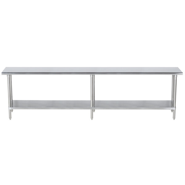 An Advance Tabco stainless steel work table with undershelf on legs.