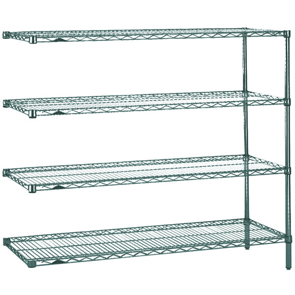 A Metro Super Erecta Metroseal 3 stationary wire shelving unit with three shelves.