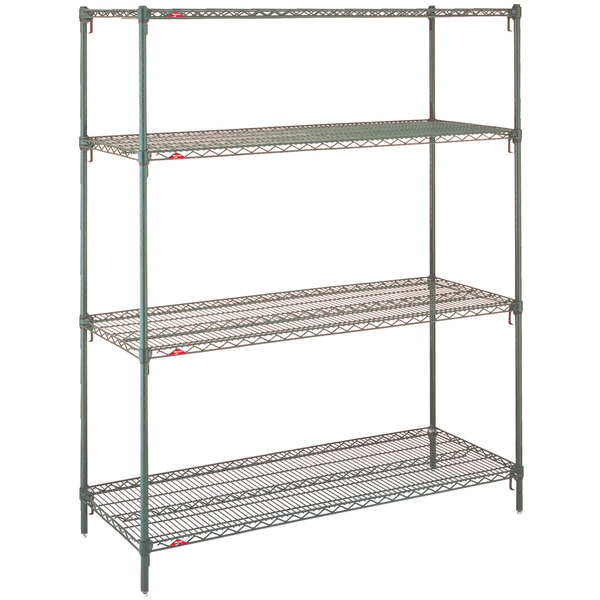 A Metroseal 3 stationary metal shelving unit with three shelves.