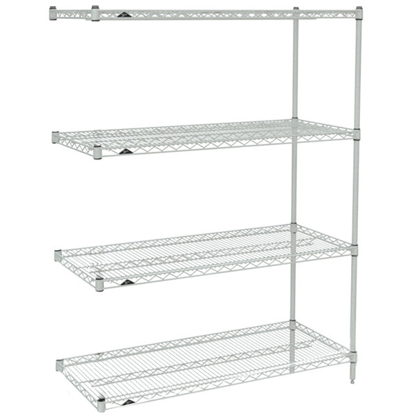 A Metro Super Erecta Brite wire stationary shelving add-on unit with three shelves.
