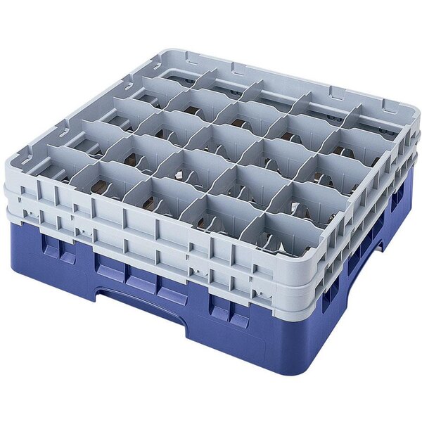 A blue plastic Cambro glass rack with 25 compartments and 6 extenders.
