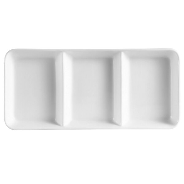 A white rectangular porcelain tray with three sections.