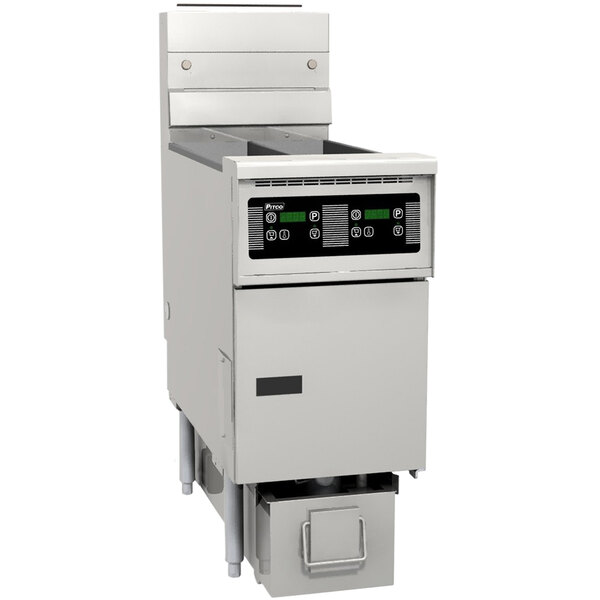 A white Pitco Solstice gas fryer with a black screen.
