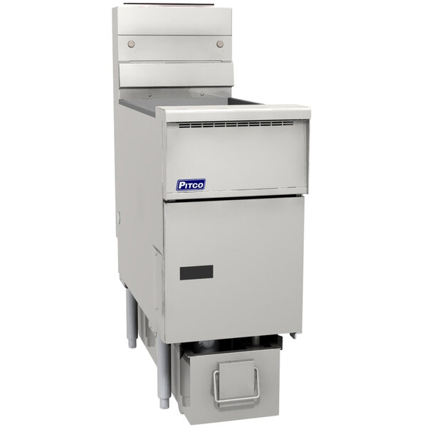 A large white Pitco gas floor fryer with a filter drawer.