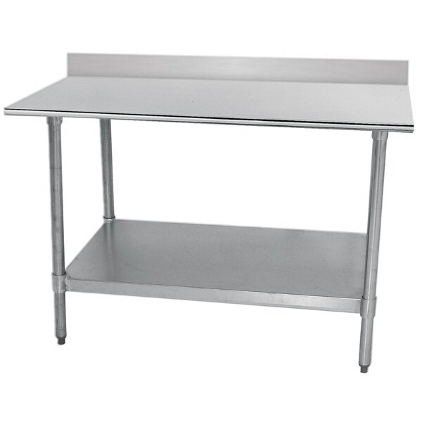 A stainless steel Advance Tabco work table with a 5" backsplash and galvanized undershelf.