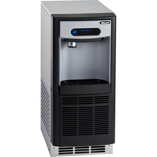 A silver and black Follett 7 Series air cooled Chewblet ice maker and water dispenser with a filter.