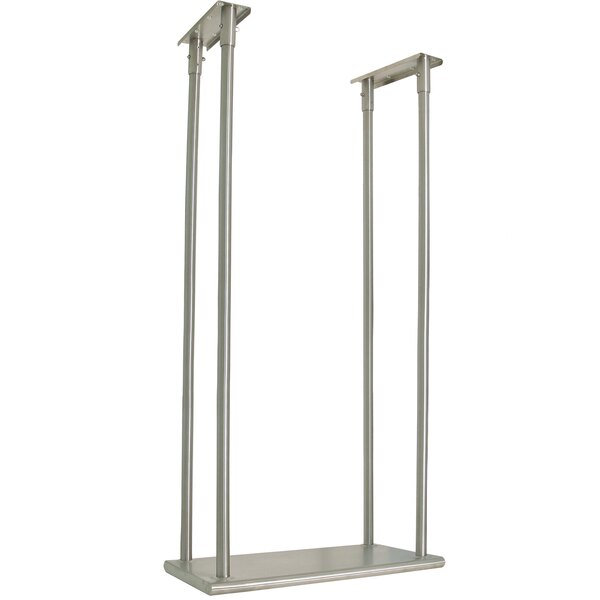 A silver metal rectangular ceiling-mounted shelf with long metal poles.