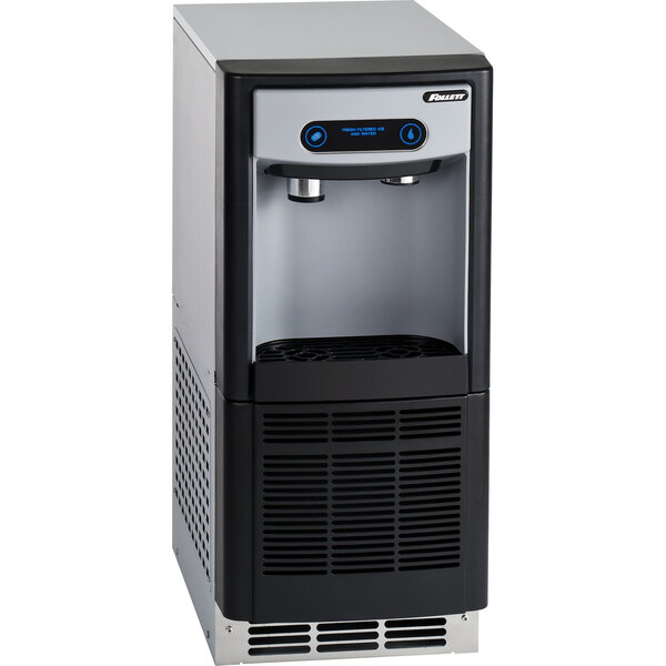 A black and silver Follett 7 Series ADA height ice machine and water dispenser with a water dispenser.