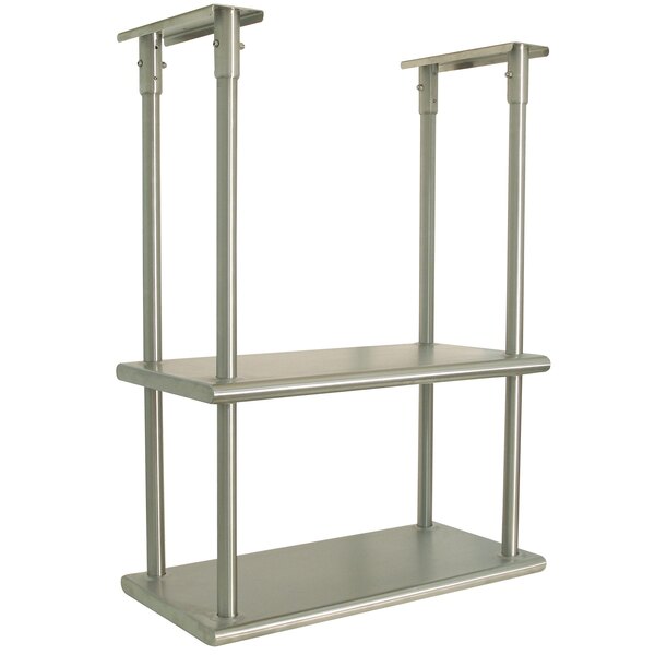 A stainless steel ceiling-mounted shelf with two metal rods and two metal shelves.