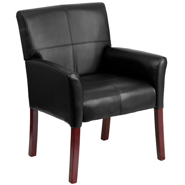 A Flash Furniture black leather executive chair with mahogany legs.