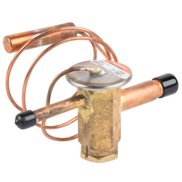 A copper Hoshizaki expansion valve with a round cap.