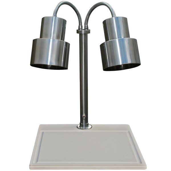 A Hanson Heat Lamps stainless steel carving station with two heat lamps over a white surface.