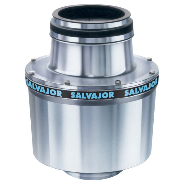 A silver metal Salvajor garbage disposer canister.