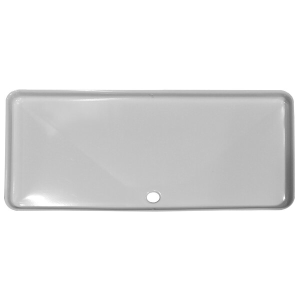 A white rectangular drain pan with a hole in the middle.