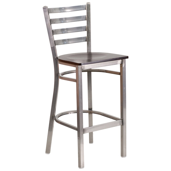 A Flash Furniture metal restaurant barstool with a walnut wooden seat.