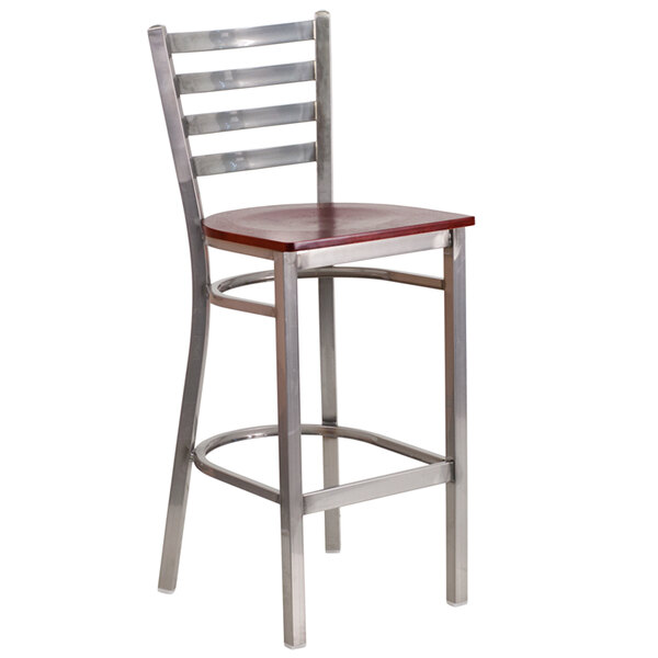 A Clear-Coated metal restaurant barstool with a mahogany wood seat.