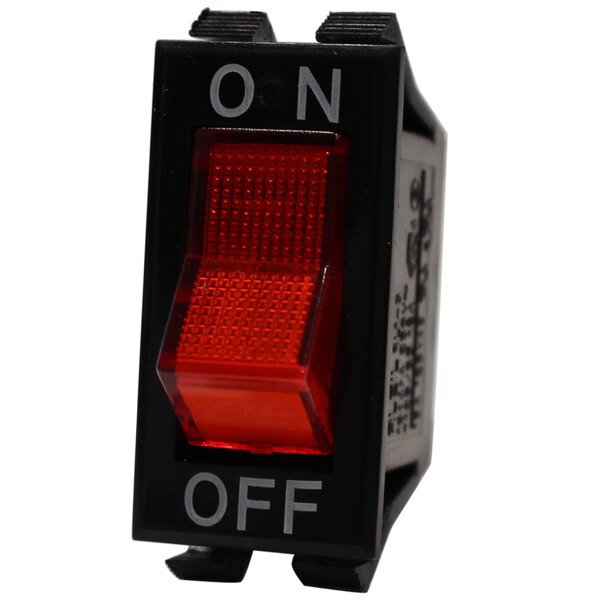 A red and black Turbo Air on/off rocker switch with the words on and off.