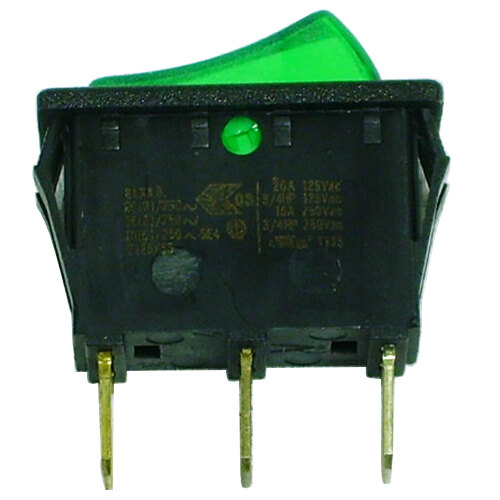 A close-up of a green Turbo Air on/off rocker switch.