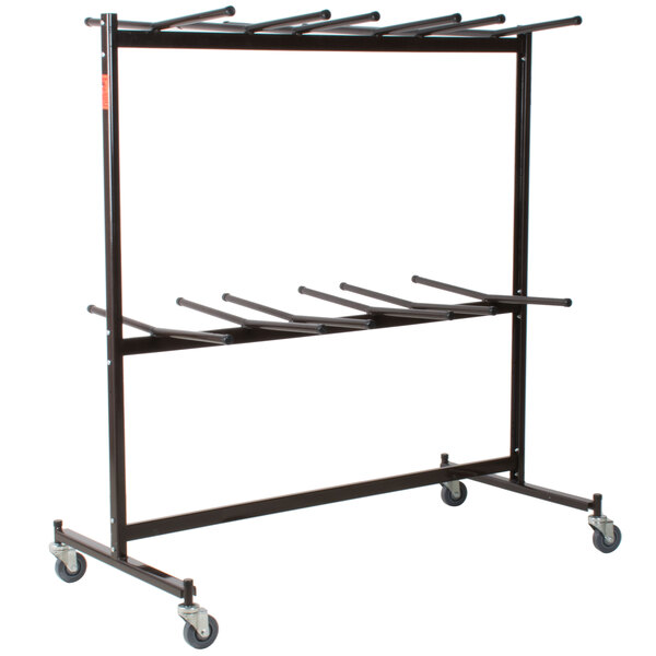 A black metal National Public Seating folding chair dolly with wheels.