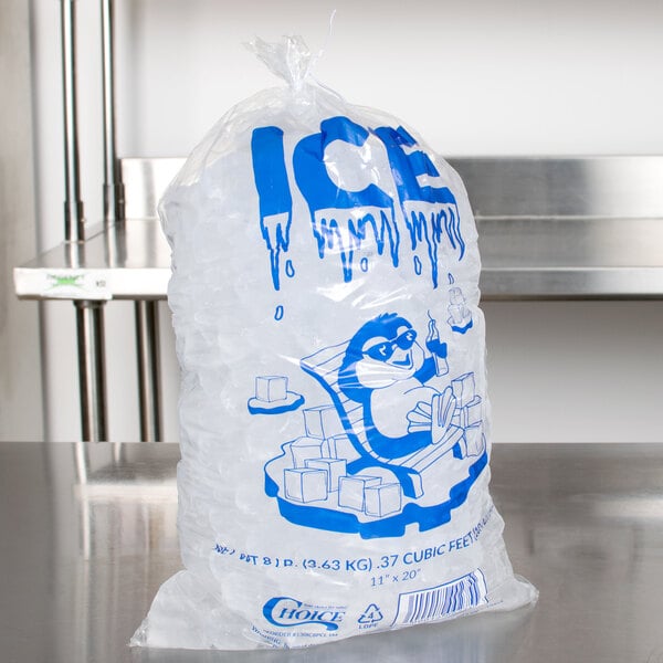 A clear plastic ice bag with blue text reading "Ice" on it.