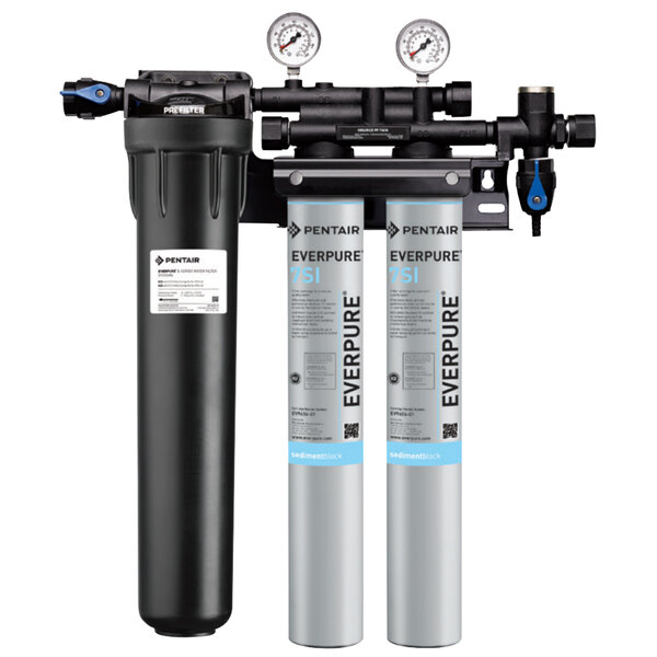 An Everpure water filtration system with two gauges.