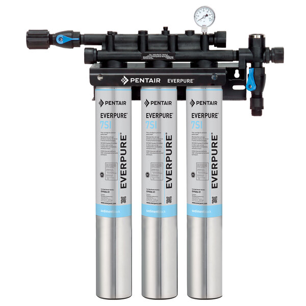 The Everpure Insurice Triple Water Filtration System with blue and black valves and white and blue containers with black text.