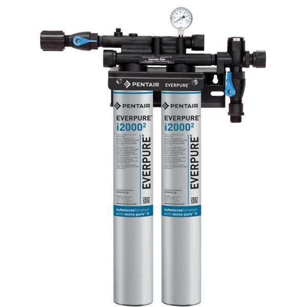 An Everpure water filtration system with two water filters and blue and black hoses.
